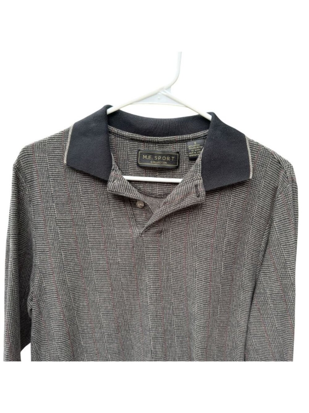 90's Mens S Jacquard Polo M.E. Sport Collection Shirt Plaid Black Gray Red